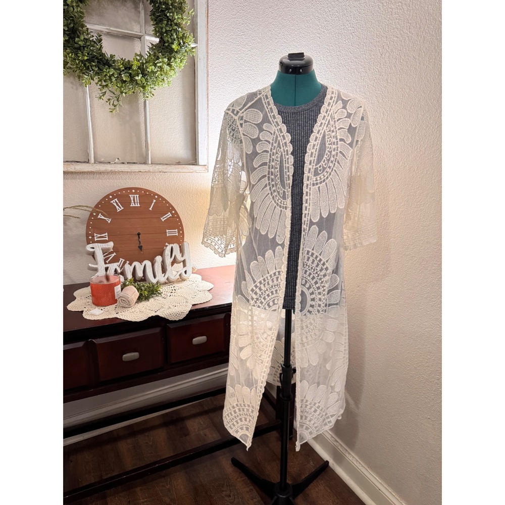 Rebelion Ivory Embroidered Lace Kimono Duster M Boho Festival Longline
